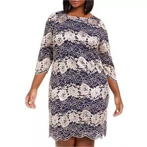 Jessica Howard Shift Dress Plus Size 16W Blue Gold Sequin Lace Holiday Cocktails